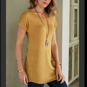 Soft Surroundings Subtle Gold Short Dolman Sleeve Scallop Edge Tunic Top